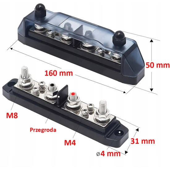 LISTWA BLOK MASY BUSBAR 200A SRUBY 4 x M8 4 x M4