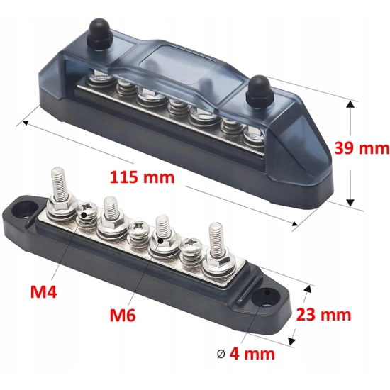 LISTWA BLOK MASY BUSBAR 150A SRUBY 4 x M6 3 x M4