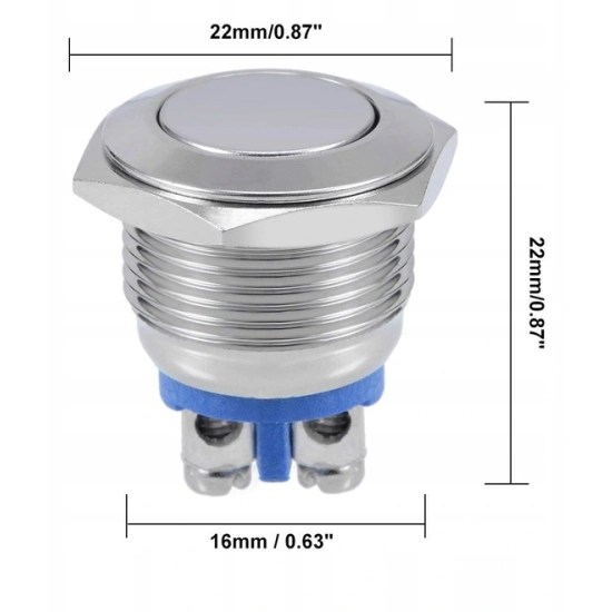 PRZYCISK WANDALOODPORNY 16mm CHWILOWY 2A/250V PŁAS