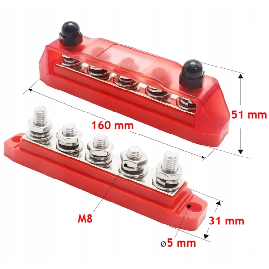 LISTWA BLOK MASY BUSBAR 200A SRUBY 5 x M8 MINUS