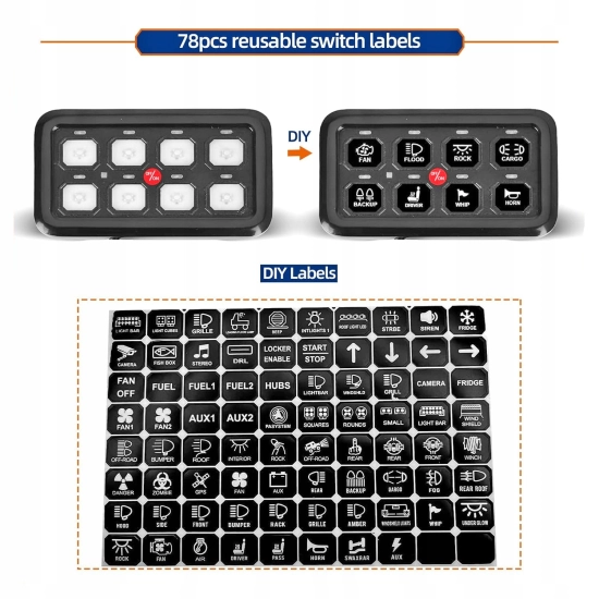 PANEL STEROWNIA 8 PRZEŁĄCZNIKÓW LED DIODA NIEBIESKA OFF ROAD NAKLEJKI KPL