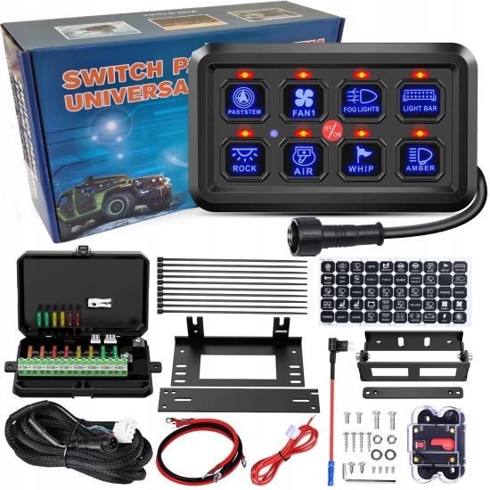 PANEL STEROWNIA 8 PRZEŁĄCZNIKÓW LED DIODA NIEBIESKA OFF ROAD NAKLEJKI KPL