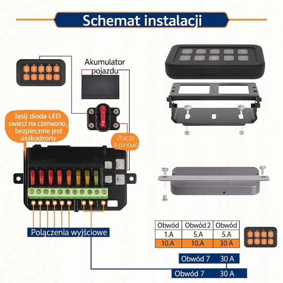 PANEL STEROWNIA 8 PRZEŁĄCZNIKÓW LED DIODA NIEBIESKA OFF ROAD NAKLEJKI KPL