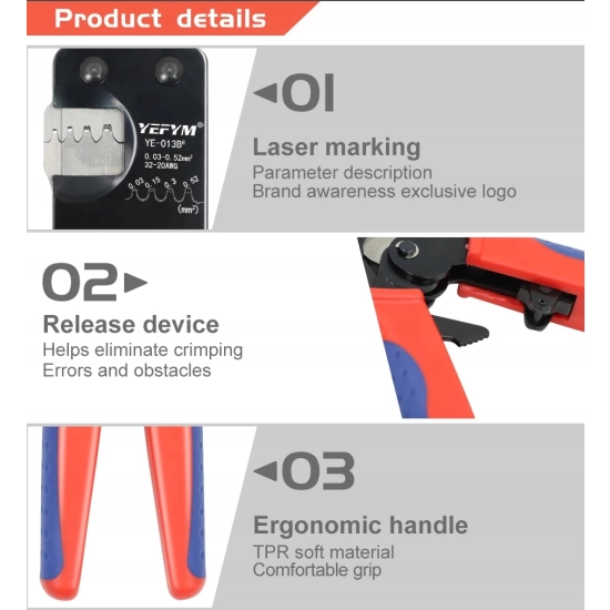 ZACISKARKA RĘCZNA YE-013B(R) 0.03-0.52mm² KONEKTORÓW STYKÓW JST / DuPont