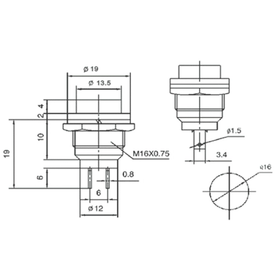 PRZYCISK WLACZNIK CHWILOWY 16MM ŻÓŁTY 3A 125V