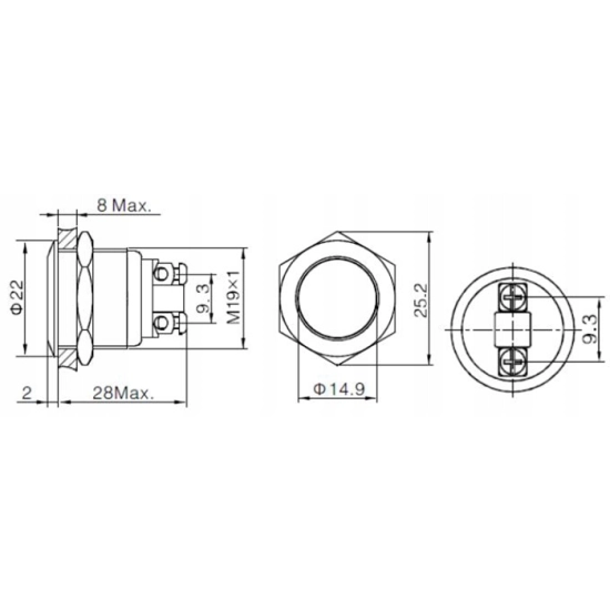 PRZYCISK WANDALOODPORNY 19mm CHWILOWY 2A/250V CZ