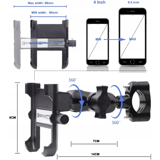 UCHWYT NA TELEFON ŁADOWARKA MOTOCYKLOWA USB 3.0 QC