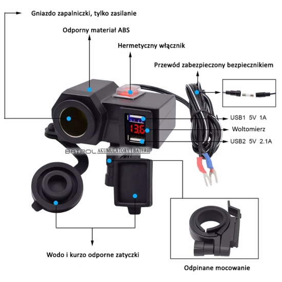 MOTOCYKLOWE GNIAZDO 2 x USB 2,1A WOLTOMIERZ