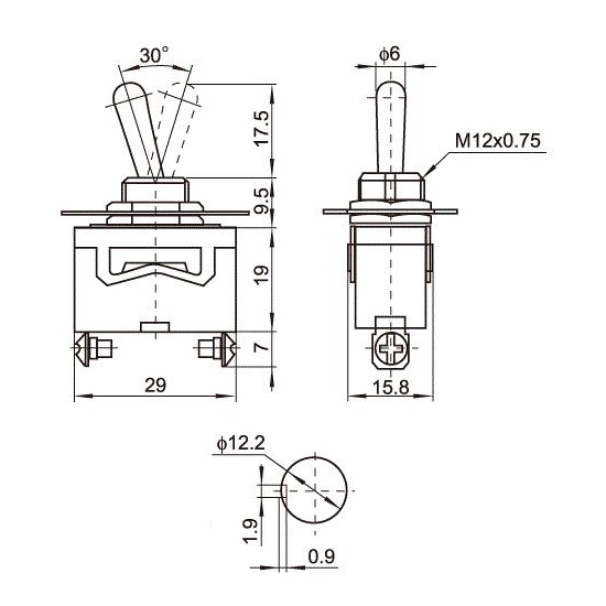PRZELACZNIK 6 PIN METAL ON/OFF/(ON) 12-230V TS-604